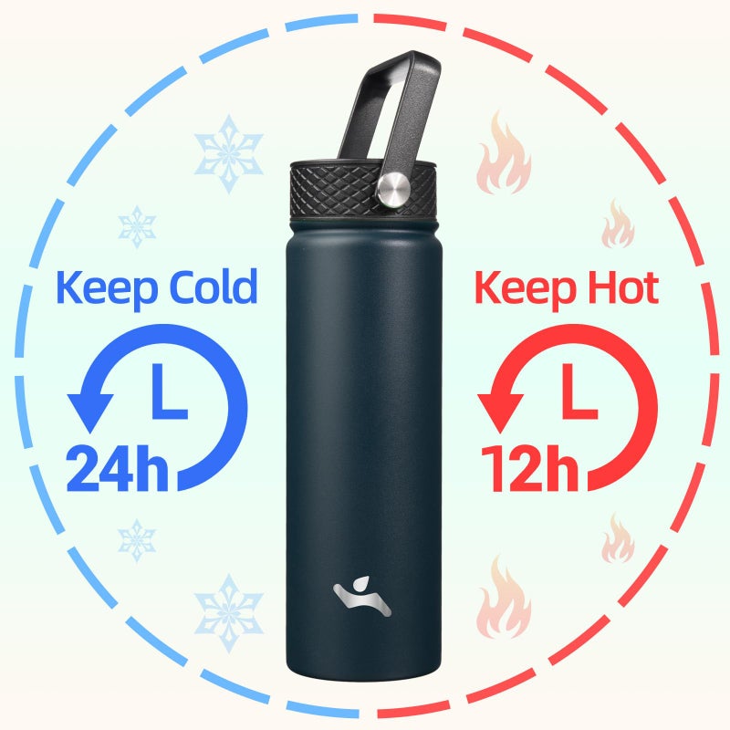 Konokyo 22oz Stainless Steel Bottles with 3 Lids Sport Insulated Water Bottle,Navy Blue - Image 2