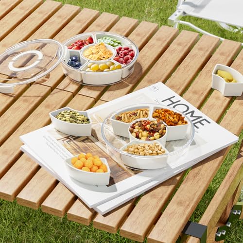 Shineforu Divided Serving Tray with Lid and Handle Portable Snackle Box 6 Compartment Food Container Travel Snack Box Container for Veggie Fruit Candy and Charcuterie - Image 3