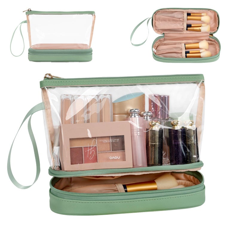 Ethereal Clear Makeup Bag, Green TSA Approved Toiletry Bag with Brushes Compartment Small Travel Make up Bags for Women - Image 1
