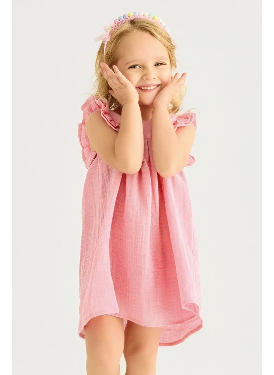 Zepkids Square Neck Short Sleeve Wide Frosted Square Neck Pink Color Girl Dress