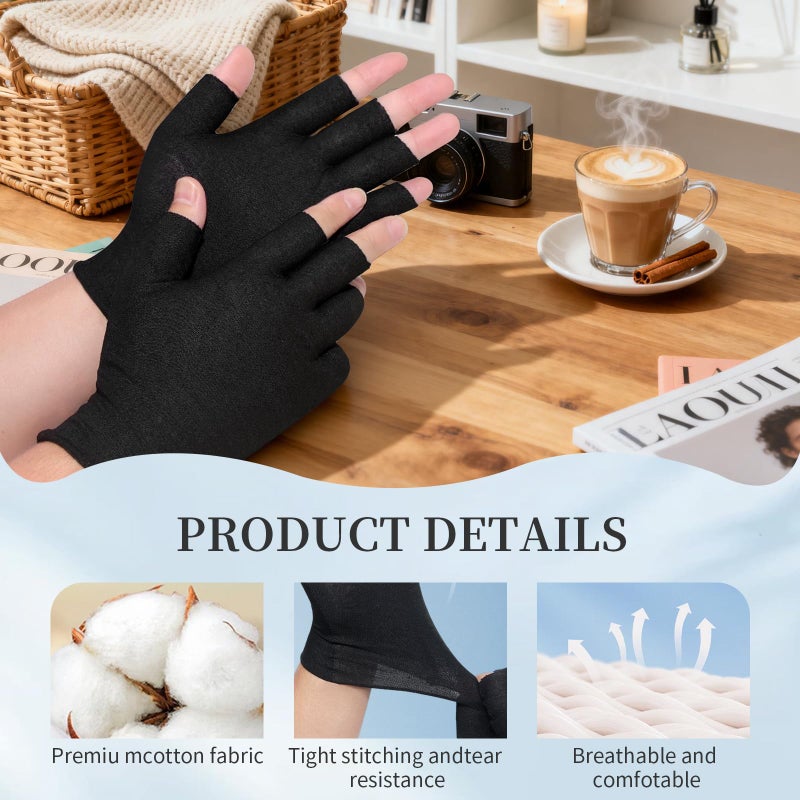 Clofiak 3Pairs Fingerless Cotton Gloves, Black Moisturizing Gloves, Fingerless Cotton Gloves for Eczema, Cut 5 Fingertips Overnight Hydration Fits Most Dry Hands - Image 3