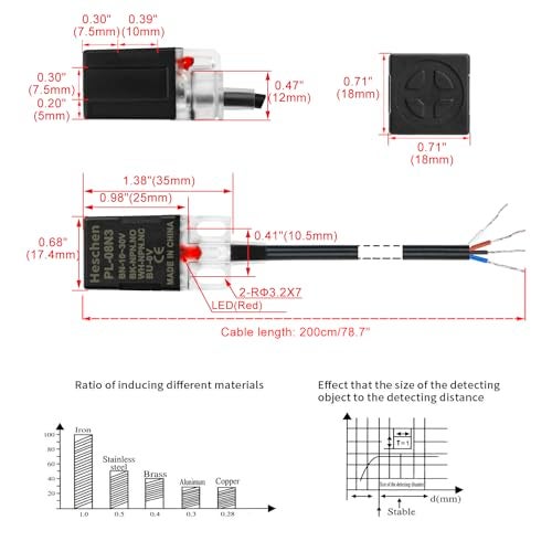 Heschen Square Inductive Proximity Sensor Switch Non-Shield Type PL-08N3 Detector Distance 8mm 10-30VDC 200mA NPN NO+NC 4 Wire - Image 2