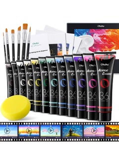 Ohuhu Ohuhu Acrylic Paint Set 12 Vibrant Colors 36Ml 6 Brushes And 3 Paint Canvases For Beginners With Tutorial For Painting Art Supplies For Ceramic Wood Fabric Model Rock Metal - Multicolor  - Image 1