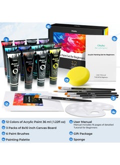 Ohuhu Ohuhu Acrylic Paint Set 12 Vibrant Colors 36Ml 6 Brushes And 3 Paint Canvases For Beginners With Tutorial For Painting Art Supplies For Ceramic Wood Fabric Model Rock Metal - Multicolor  - Image 2