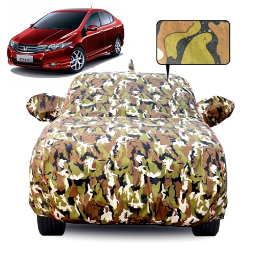 Slamio 100% Waterproof Car Body Cover for Honda City (2008-2013) with Mirror Pocket, Soft Cotton Lining, Triple Stitched, Full Bottom Elastic (Heat Resistant Jungle Print with Red Piping) - Image 1