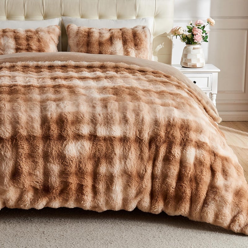 Lotus Karen Lotus Karen Fluffy Comforter Cover Set-Rabbit Fluff Faux Fur Duvet Cover Full Size Tie-Dye Coffee Plush Fuzzy Furry Bedding Sets 3Pieces(1 Duvet Cover & 2 Pillow Shams) Zipper Closure  - Image 1