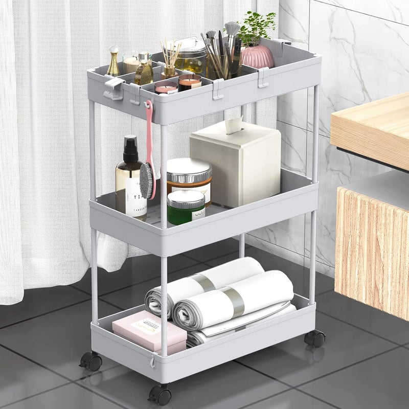 SPACELEAD SAKA Slim Storage Cart,3 Tier Bathroom Rolling Utility Cart Storage Organizer Slide Out Cart, Mobile Shelving Unit Organizer Trolley for Office Bathroom Kitchen Laundry Room Narrow Places, Grey - Image 1