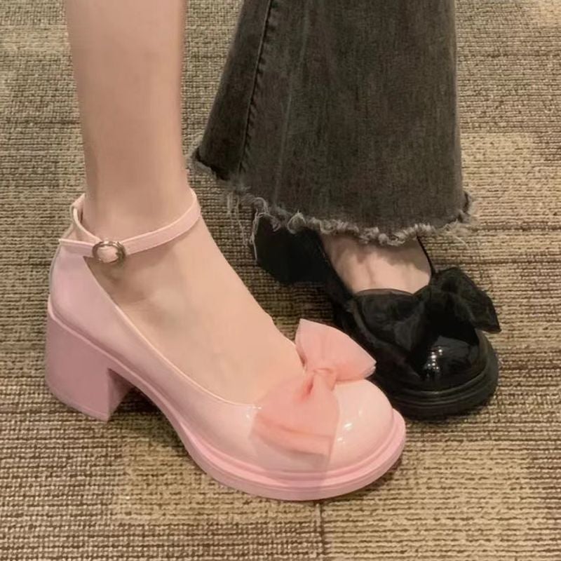 Mary Jane Small Leather Shoes Women'S Chunky Heeled Fashion Heightened Bow One-Word Buckle Sweet Single-Layer Shoes - Image 2