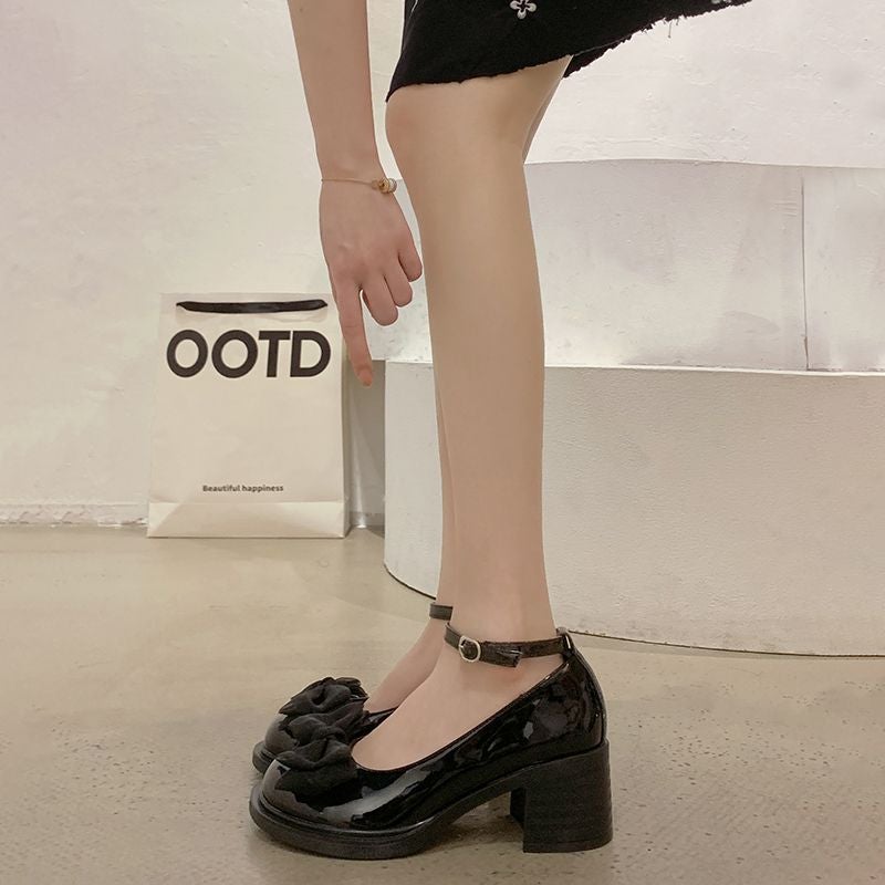 Mary Jane Small Leather Shoes Women'S Chunky Heeled Fashion Heightened Bow One-Word Buckle Sweet Single-Layer Shoes - Image 3