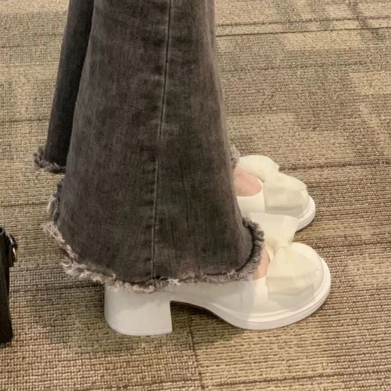Mary Jane Small Leather Shoes Women'S Chunky Heeled Fashion Heightened Bow One-Word Buckle Sweet Single-Layer Shoes - Image 5
