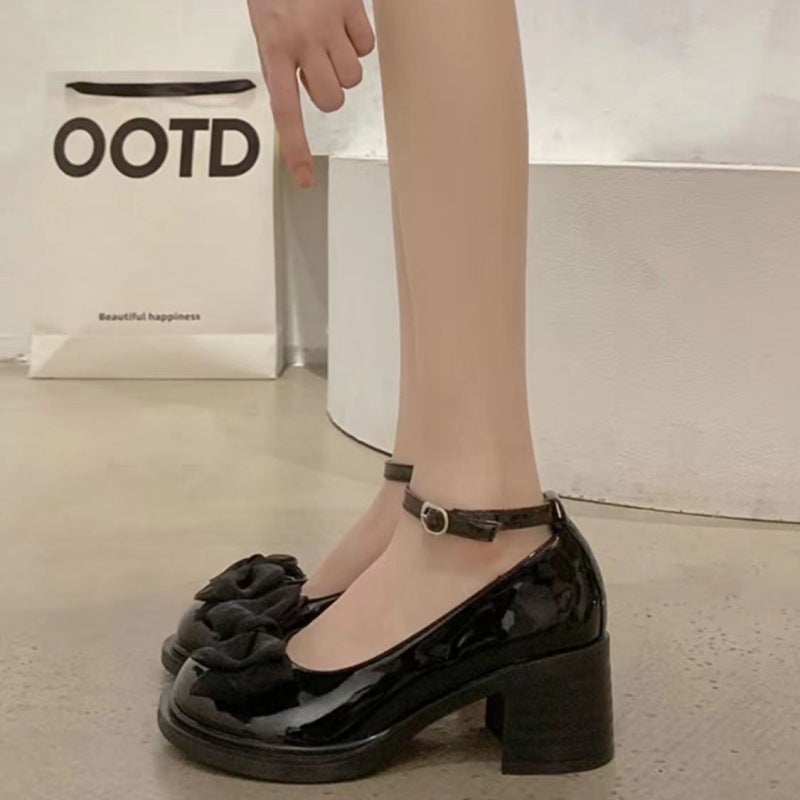 Mary Jane Small Leather Shoes Women'S Chunky Heeled Fashion Heightened Bow One-Word Buckle Sweet Single-Layer Shoes - Image 1