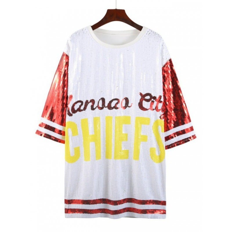 Generic Sequin Rugby T-Shirt, Oversized Womens Tee Figure Color