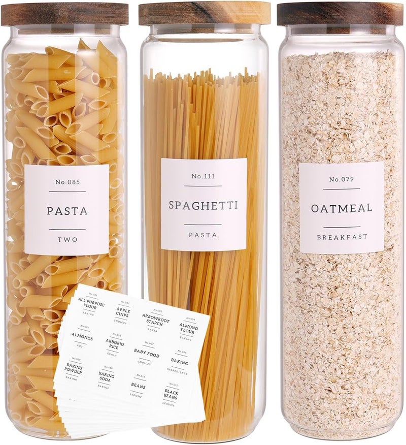 CZZGSM 3 Set Glass Pantry Storage Jars with Acacia Airtight Lid - 50oz Thicken Glass Kitchen Canisters with 132 Pantry Labels - Tall Food Storage Containers with Wood Lid for Pasta,Spaghetti,Cereal - Image 1