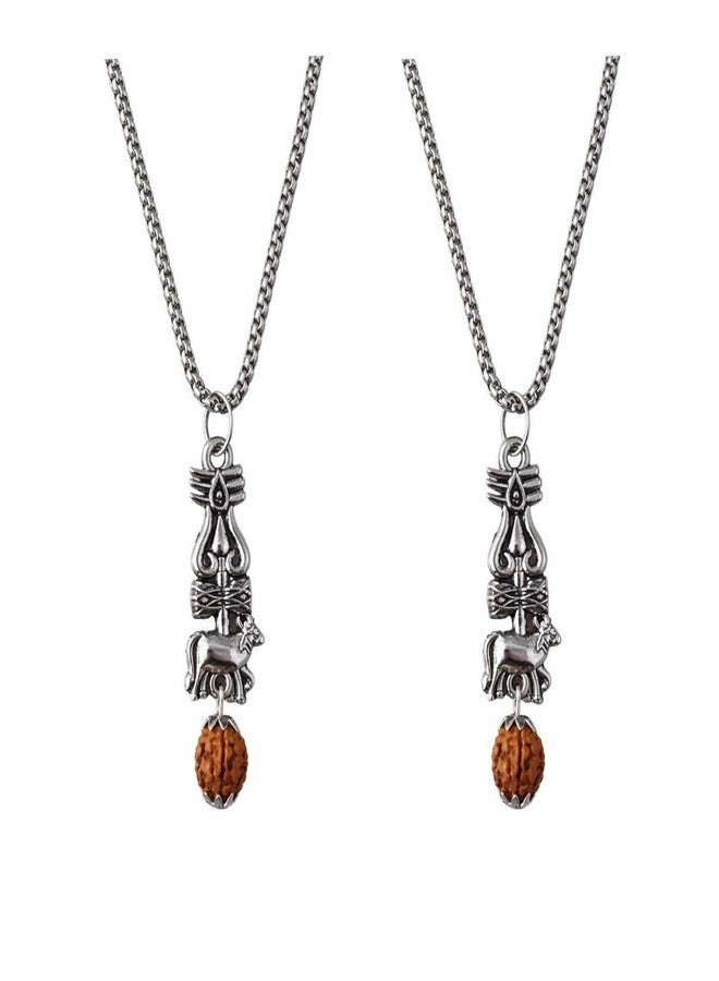 Pundriksh Pack Of 2 Fancy & Stylish Silver Divine Lord Shiva/Mahakal Trishul Nandi Rudraksha Pendant Necklace Locket with Round Box Chain for Men & Boys Jewellery Set - Image 1