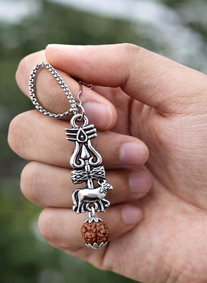 Pundriksh Pack Of 2 Fancy & Stylish Silver Divine Lord Shiva/Mahakal Trishul Nandi Rudraksha Pendant Necklace Locket with Round Box Chain for Men & Boys Jewellery Set - Image 3