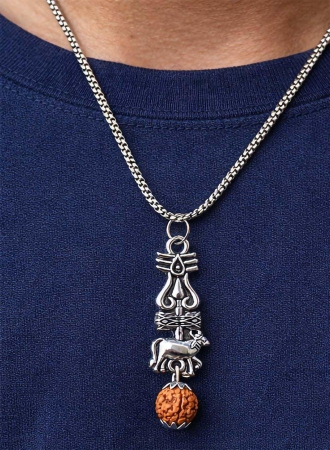 Pundriksh Pack Of 2 Fancy & Stylish Silver Divine Lord Shiva/Mahakal Trishul Nandi Rudraksha Pendant Necklace Locket with Round Box Chain for Men & Boys Jewellery Set - Image 2