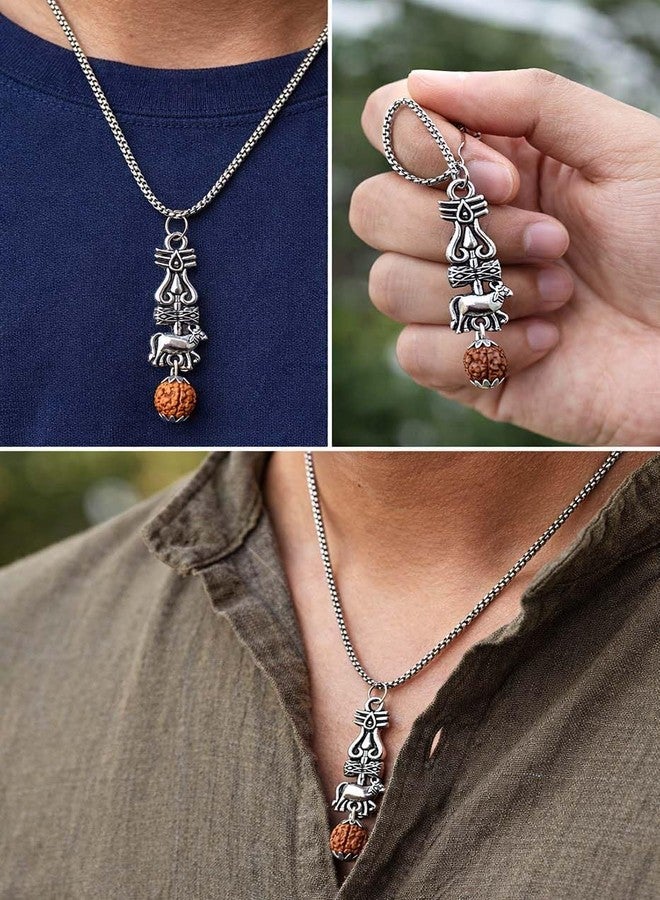 Pundriksh Pack Of 2 Fancy & Stylish Silver Divine Lord Shiva/Mahakal Trishul Nandi Rudraksha Pendant Necklace Locket with Round Box Chain for Men & Boys Jewellery Set - Image 5