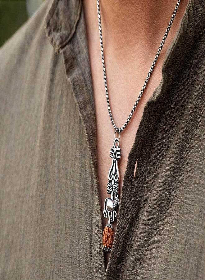 Pundriksh Pack Of 2 Fancy & Stylish Silver Divine Lord Shiva/Mahakal Trishul Nandi Rudraksha Pendant Necklace Locket with Round Box Chain for Men & Boys Jewellery Set - Image 4