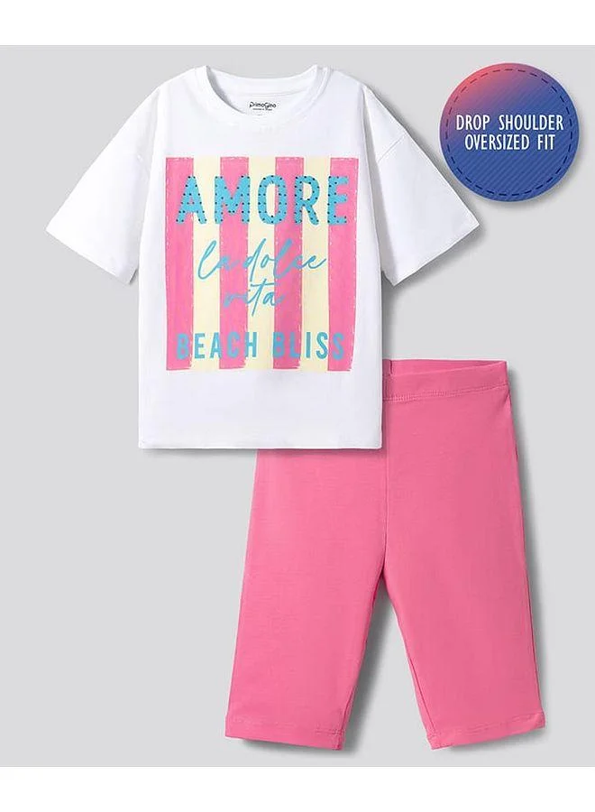 Primo Gino Primo Gino Cotton Elastane Knit Oversized T-Shirt and Lounge Pant Set with Text Print - Pink and White