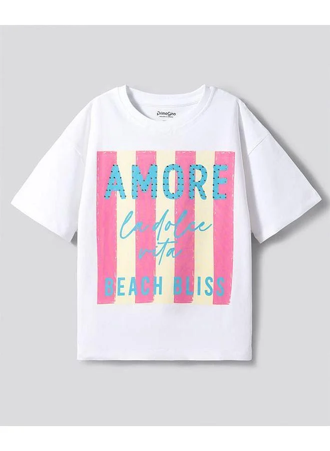Primo Gino Primo Gino Cotton Elastane Knit Oversized T-Shirt and Lounge Pant Set with Text Print - Pink and White