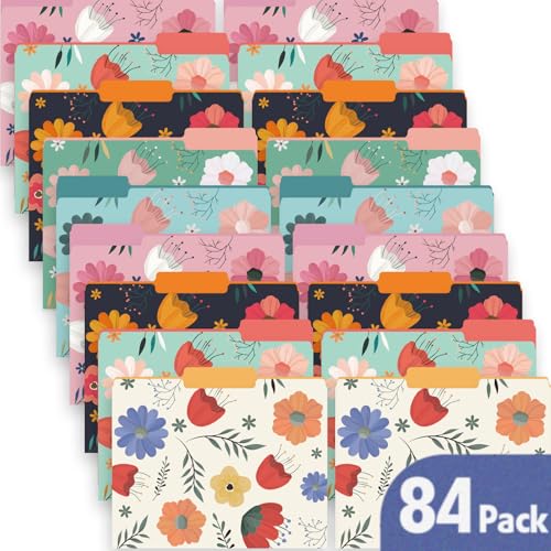 YesBes 84 Pack Decorative File Folders, 1/3 Cut Tab Floral Colored Folders Letter Size 8.8 x 11.6 Inch, Assorted 6 Styles Filing Folder for Office School Business - Image 1