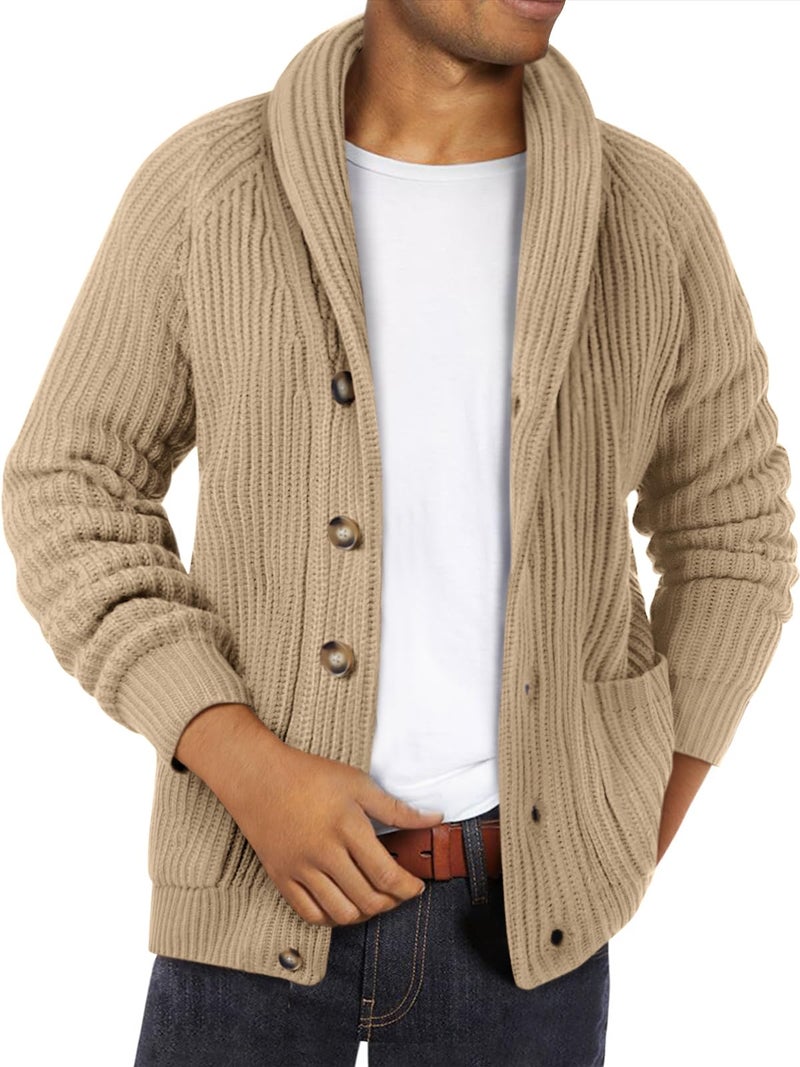 Ryannology Mens Shawl Neck Cardigan Sweater Cable Knit Button Up Closure with Pockets Winter Sweaters Outerwear - Image 1