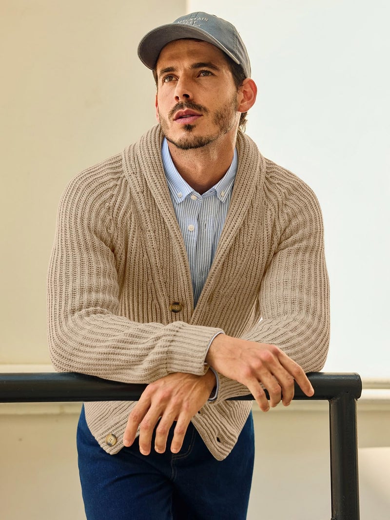 Ryannology Mens Shawl Neck Cardigan Sweater Cable Knit Button Up Closure with Pockets Winter Sweaters Outerwear - Image 3