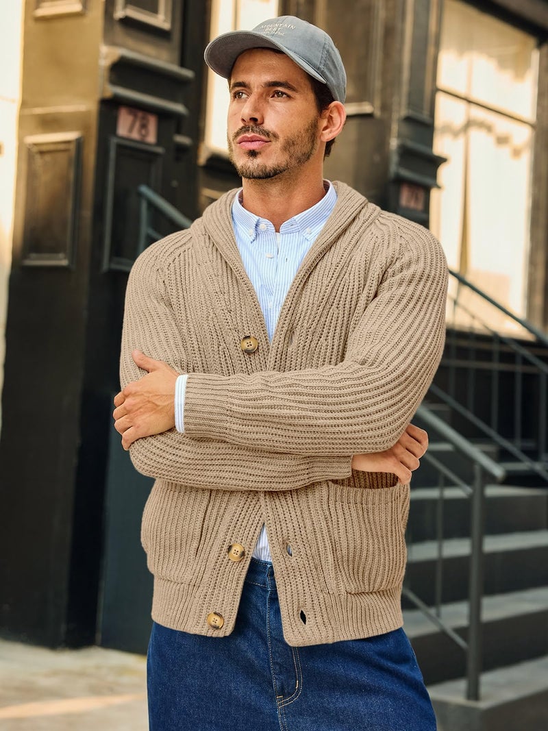 Ryannology Mens Shawl Neck Cardigan Sweater Cable Knit Button Up Closure with Pockets Winter Sweaters Outerwear - Image 2