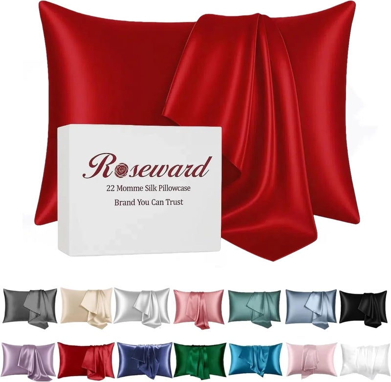 ROSEWARD Red Silk Pillowcase for Hair and Skin, 22 Momme Mulberry Silk Pillow Case with Zipper, 6A Grade Organic Fabric, Cooling, Anti Acne, Soft, 1 Pc 20"x30" (Queen, Red) - Image 1