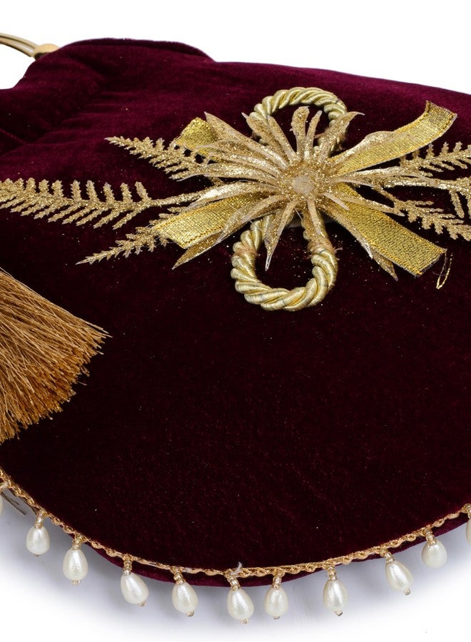athizay حقائب يد نسائية من أثيزاي، حقائب مخملية عرقية مزينة بدانتيل موتي مع شرابة ذهبية، مقبض معدني، إغلاق بزر مغناطيسي، تفاصيل زهور مميزة (أحمر خمري، ذهبي). - Image 3