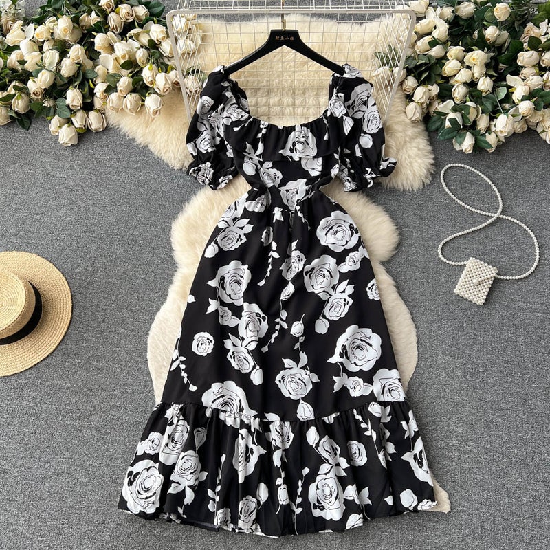 Summer ink painting printing ladies slim-fit mid-length dress womens summer rose waist-tight skirt fashion Black 