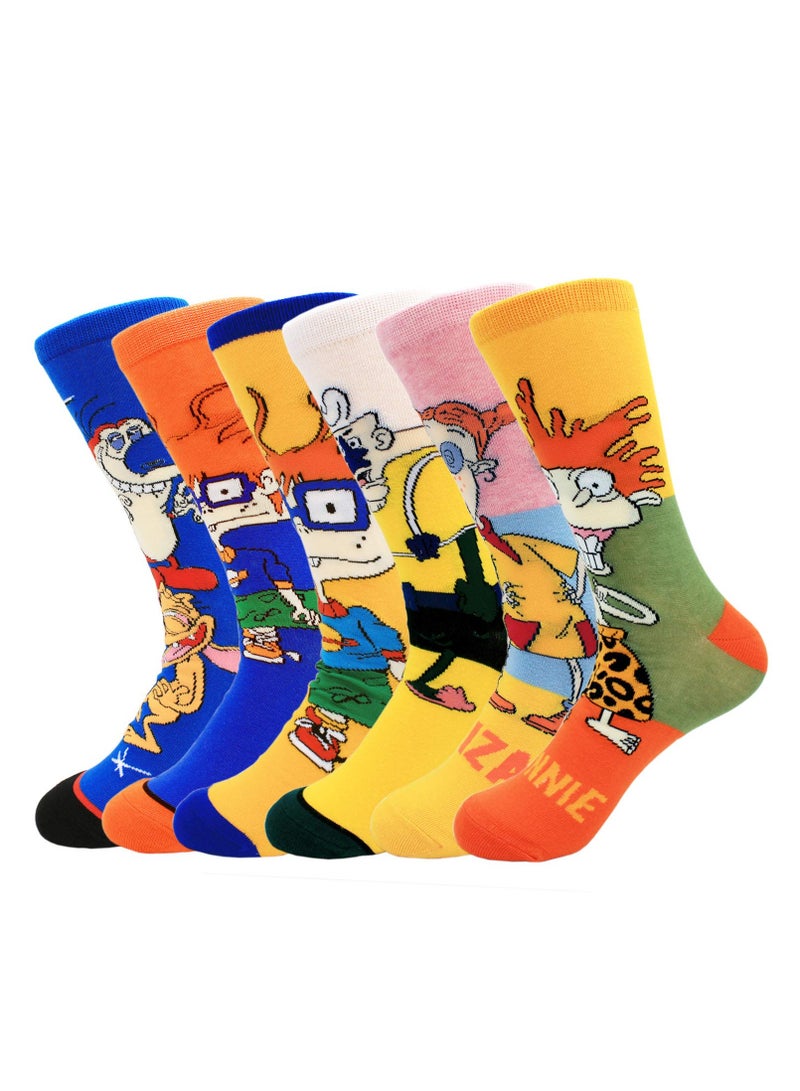 Colorful Cartoon Character Socks for Men and Women - 6 Pack of Fun, Crazy, and Cute Patterned Cotton Dress Crew Socks, Fits Size 8-12. Perfect for Adding a Touch of Whimsy to Your Wardrobe! - Image 1