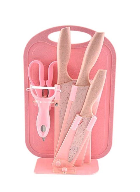 7-Piece Knife And Cutting Board Set, With Knife Storage Rack Pink