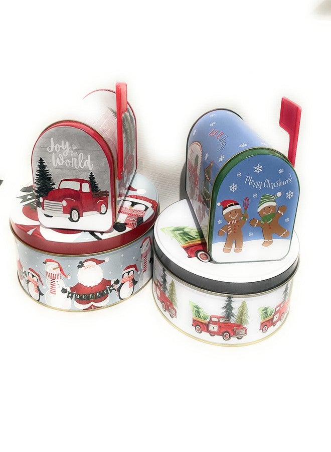 Greenbrier Festive Holiday-Themed 4 Pack Cookie Tins: Large 6"x4"x3", Small 5"x3"x2" - Image 1