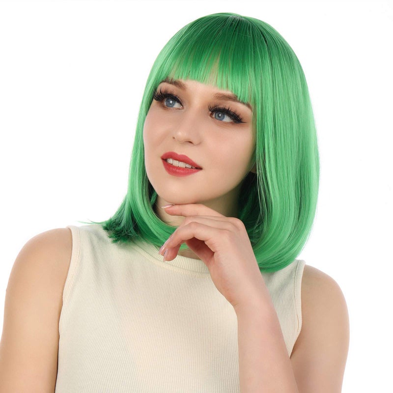 eNilecor Short Bob Hair Wigs 12 Straight with Flat Bangs Synthetic Colorful Cosplay Daily Party Wig for Women Natural As Real Hair Free Wig Cap Green