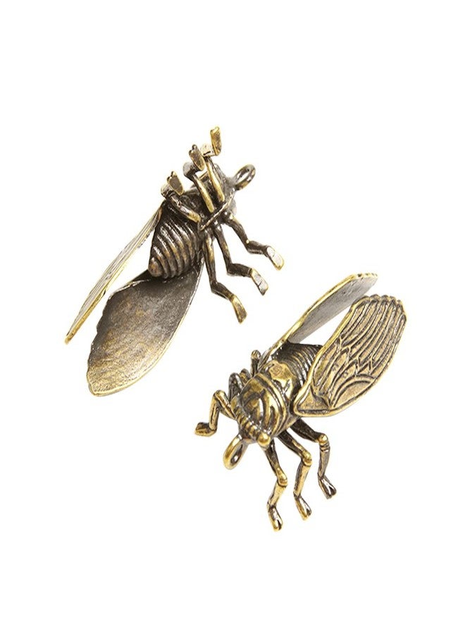 Acxico 2Pcs Chinese Collection Old Asian Antique Collectible Brass Cicada Exquisite Statue - Image 1