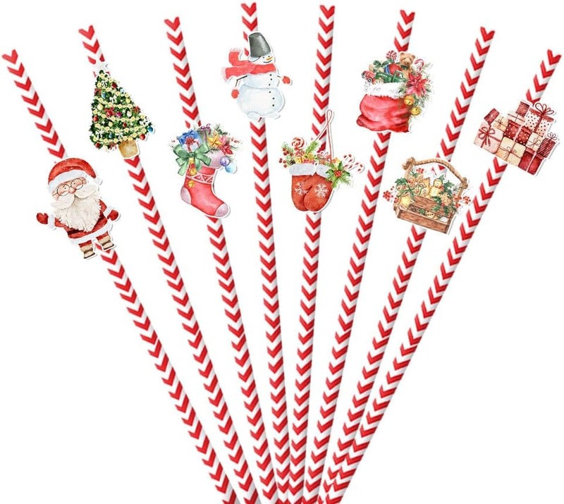 Konsait 24 Pack Christmas Paper Straws Red and White Christmas Decorative Straws Disposable Santa Snowman Stocking Christmas Drinking Straws Holiday Paper Straws Party Supplies - Image 1