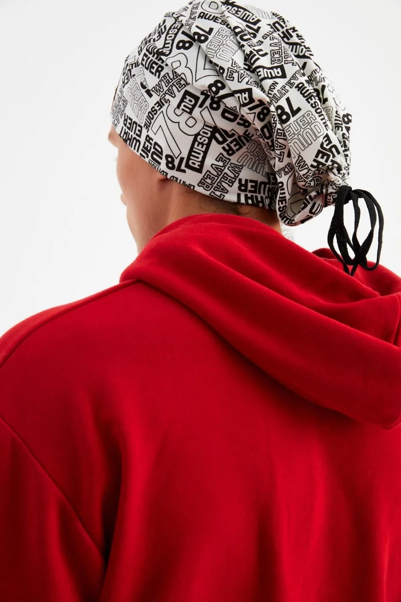 بوتيكجيز Men's White Patterned 4-Season Cotton Flexible Ultra Soft Lightweight Anti-Sweat String Cotton Hat