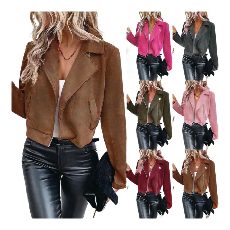 Women's Faux Suede Zipper Short Jacket Casual Slim Fit Long Sleeve Cardigan - Image 1