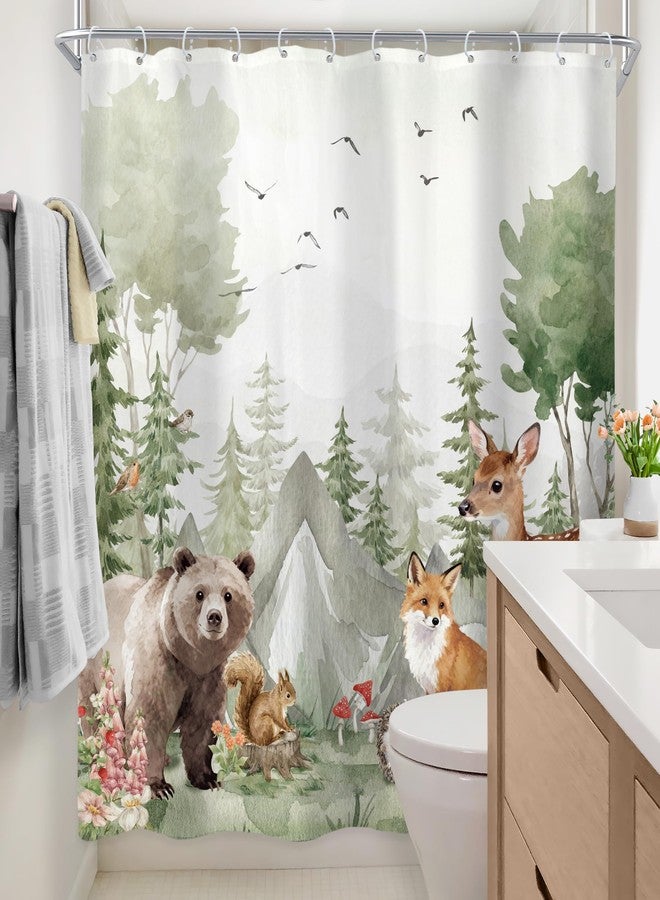 Newsely Kids Woodland Animals Shower Curtain 72Wx72H Inch Cute Wildlife Rustic Country Safari Bear Deer Shower Curtain Bathroom Set Nursery Children Waterproof Bath Decoration Accessories Home Decor - Image 4