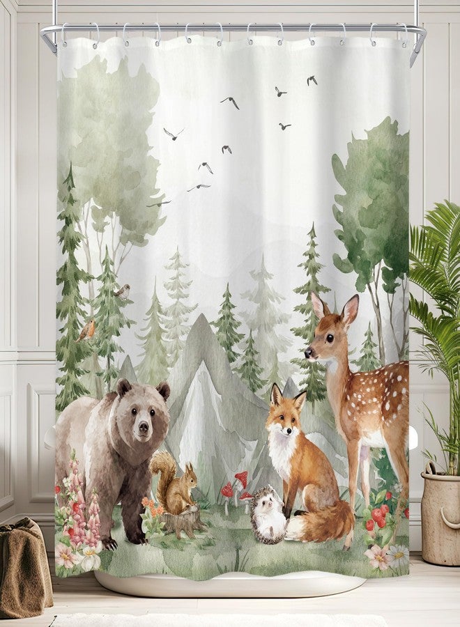 Newsely Kids Woodland Animals Shower Curtain 72Wx72H Inch Cute Wildlife Rustic Country Safari Bear Deer Shower Curtain Bathroom Set Nursery Children Waterproof Bath Decoration Accessories Home Decor - Image 1