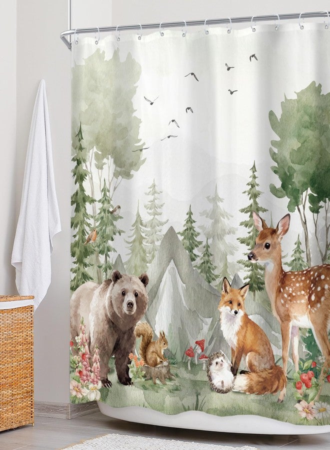 Newsely Kids Woodland Animals Shower Curtain 72Wx72H Inch Cute Wildlife Rustic Country Safari Bear Deer Shower Curtain Bathroom Set Nursery Children Waterproof Bath Decoration Accessories Home Decor - Image 3