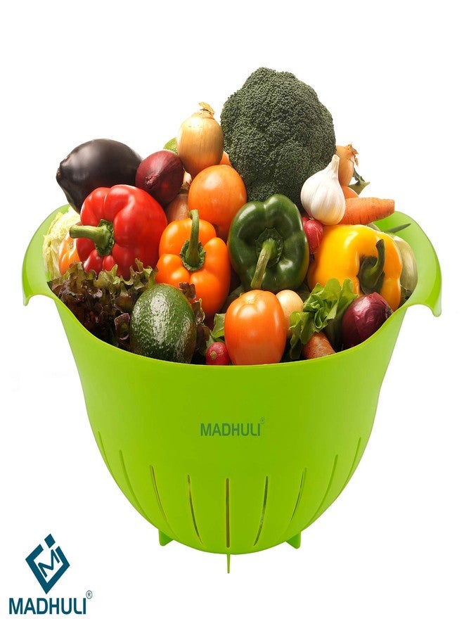 Madhuli Premium Plastic 11 Inch Multi Color Rice Bowl Rice Pulses Fruits Vegetable Noodles Pasta Washing Bowl & Strainer & Perfect for Storing,Straining,Colandera Pack of 2 Green - Image 3