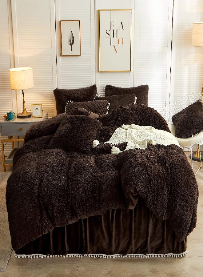 LIFEREVO LIFEREVO Luxury Plush Shaggy Duvet Cover Set, Soft Velvet Fluffy Furry Duvet Cover Set(1 Faux Fur Fuzzy Comforter Cover+2 Pom Poms Pillowcases)Solid Bedding Set, Zipper Closure(Full/Queen, Dark Brown)