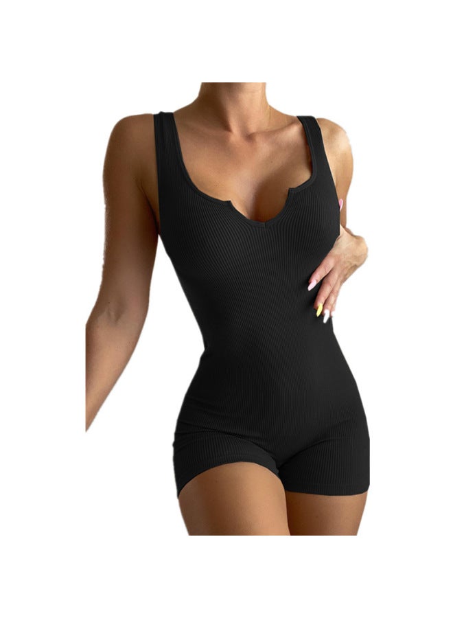 Women's Spring And Summer Solid Color Casual Knitted Rib V-neck Vest Slim-fit Jumpsuit