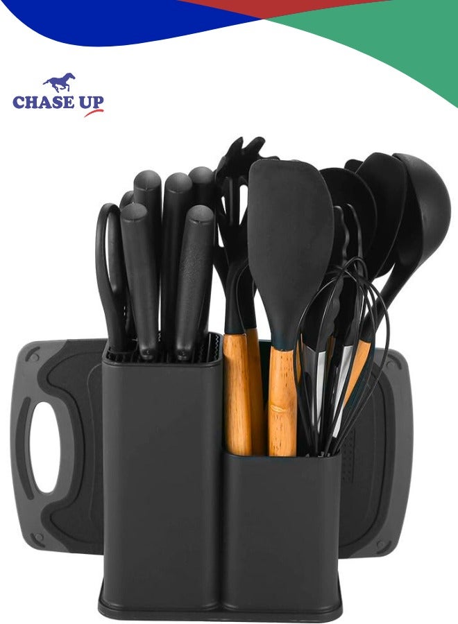 تشيس اب مجموعة أدوات المطبخ والسكاكين SMARTLOOK المكونة من 19 قطعة مع حامل - أدوات طبخ من السيليكون الأسود بمقابض خشبية، وسكاكين من الفولاذ المقاوم للصدأ، ولوح تقطيع، وملقط، وملعقة مسطحة - مقاومة للحرارة، وغير لاصقة - Image 1