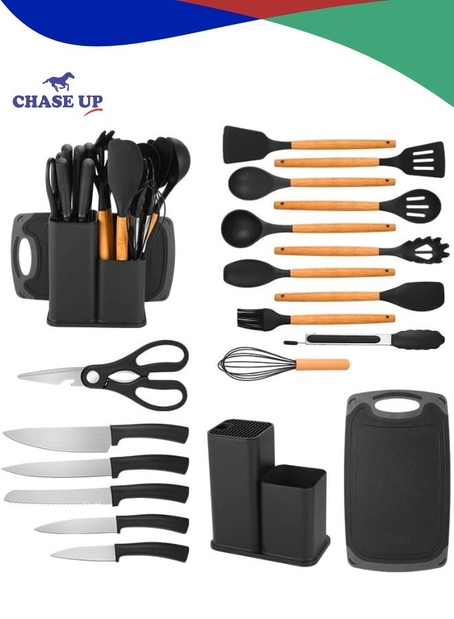 تشيس اب مجموعة أدوات المطبخ والسكاكين SMARTLOOK المكونة من 19 قطعة مع حامل - أدوات طبخ من السيليكون الأسود بمقابض خشبية، وسكاكين من الفولاذ المقاوم للصدأ، ولوح تقطيع، وملقط، وملعقة مسطحة - مقاومة للحرارة، وغير لاصقة - Image 2