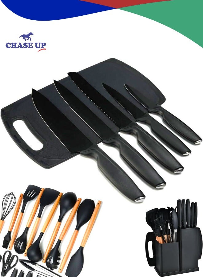 تشيس اب مجموعة أدوات المطبخ والسكاكين SMARTLOOK المكونة من 19 قطعة مع حامل - أدوات طبخ من السيليكون الأسود بمقابض خشبية، وسكاكين من الفولاذ المقاوم للصدأ، ولوح تقطيع، وملقط، وملعقة مسطحة - مقاومة للحرارة، وغير لاصقة - Image 3