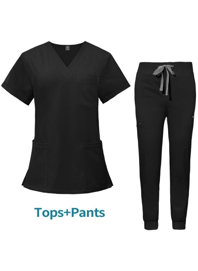 Loquat Medical Uniform Scrubs 2 Piece Set V-Neck Top and Jogger Pants Suit Black  - Image 1