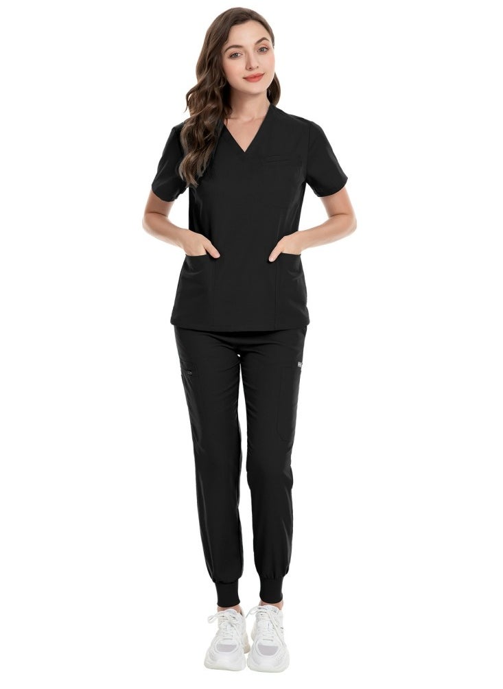 Loquat Medical Uniform Scrubs 2 Piece Set V-Neck Top and Jogger Pants Suit Black  - Image 3